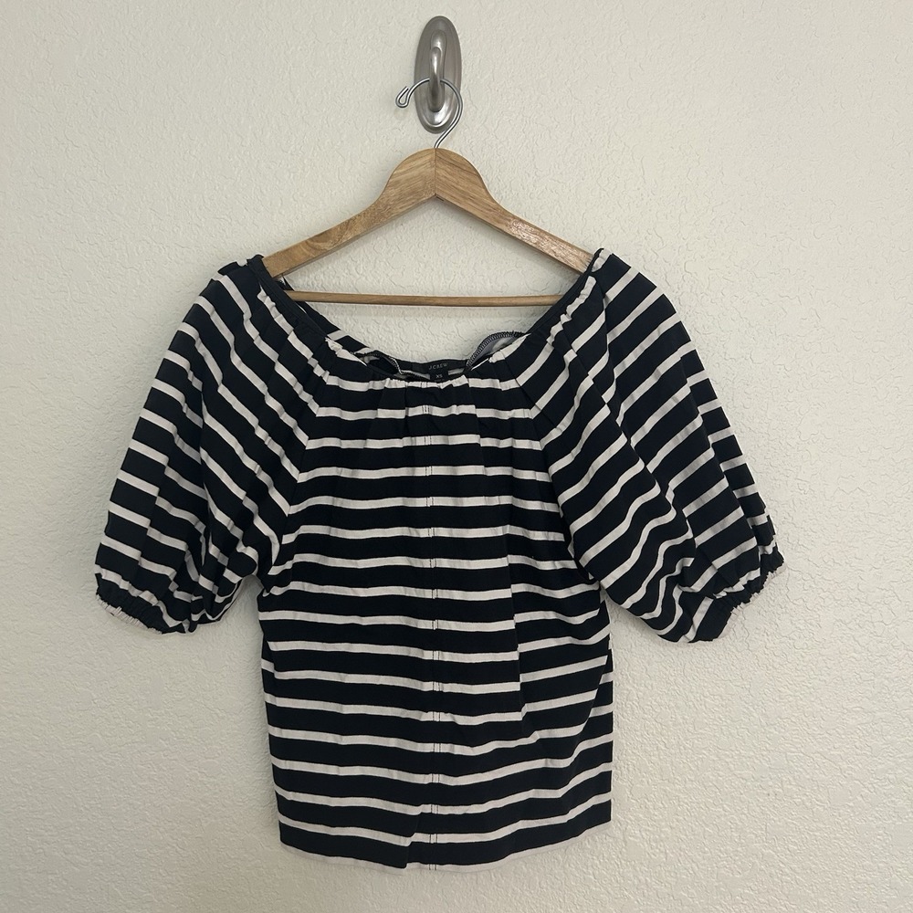 J. Crew Off the Shoulder Puff Short Sleeve Shirt Womens Sz XS Black White Stripe